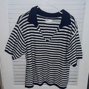 Sonoma Navy and White Striped Knit Polo Top